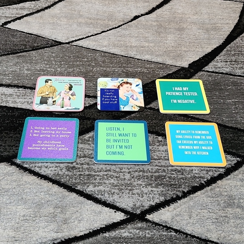 6 RETRO HUMOROUS DRINK COASTERS SET FUNNY